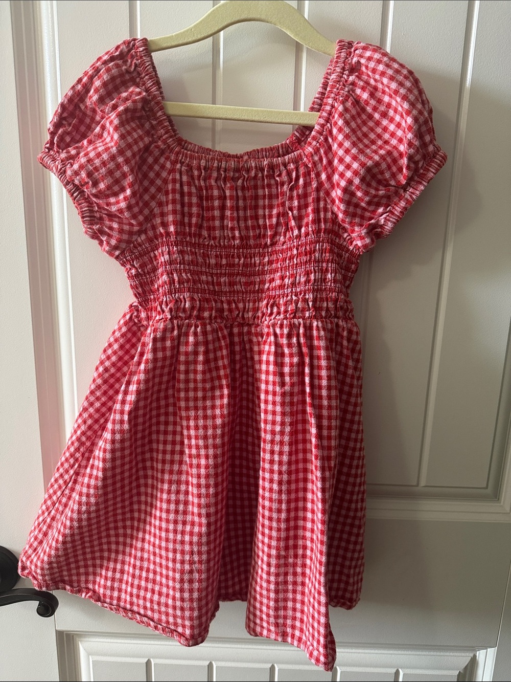 Girls Red Gingham Smocked Puff-Sleeve Casual Dress